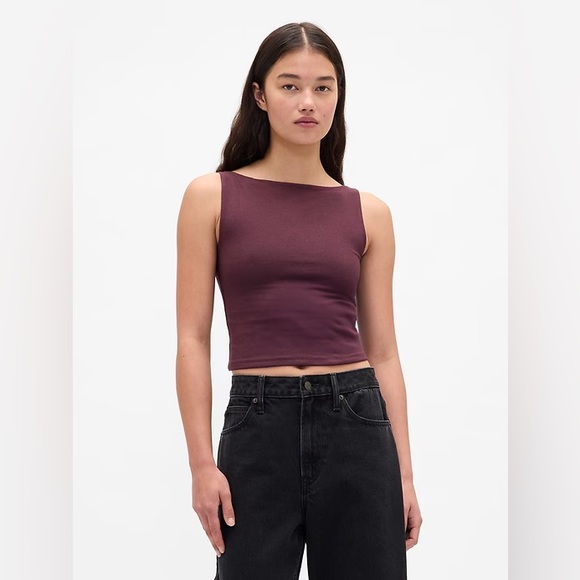 GAP CloseKnit Jersey Boatneck Crop Tank Top- Bordeaux Purple- XL TALL - Picture 1 of 9